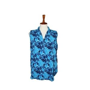 Blue and Black Floral Print Sleeveless Top Blouse Women Medium